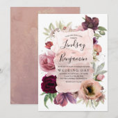 アースカラーのバーガンディーフラワーのヴィンテージウェディング 招待状 (正面/裏面)