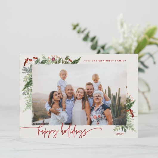 アースカラーのボヘミアングリーンとバーガンディベージュの写真ホリデーカード シーズンカード (スタンド正面)