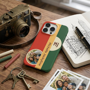 アースカラーのレトロ70sカラーブロックのカスタム写真と名前 iPhone 15 proケース