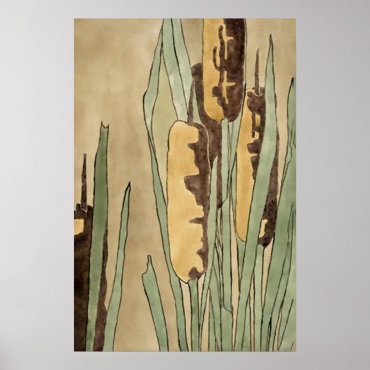 アースカラーのヴィンテージガマヤシの植物画 ポスター (正面)