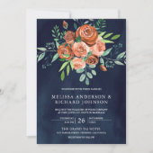 アースカラーの焦茶色のバラの花柄 ネイビーブルーの結婚式 招待状 (正面)