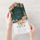 アースカラーの焦茶色の花とエメラルドグリーンの結婚式 オールインワン招待状 (貼ってはがせる)