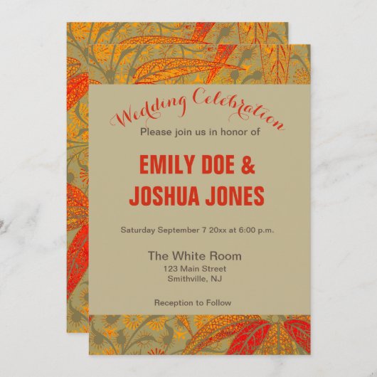 アースカラーの竹アート ヴィンテージ プリント オレンジ 招待状 (正面/裏面)