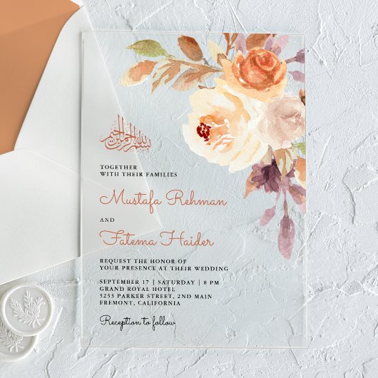 アースカラーの花束が可愛いイスラム教式の結婚式 アクリル招待状