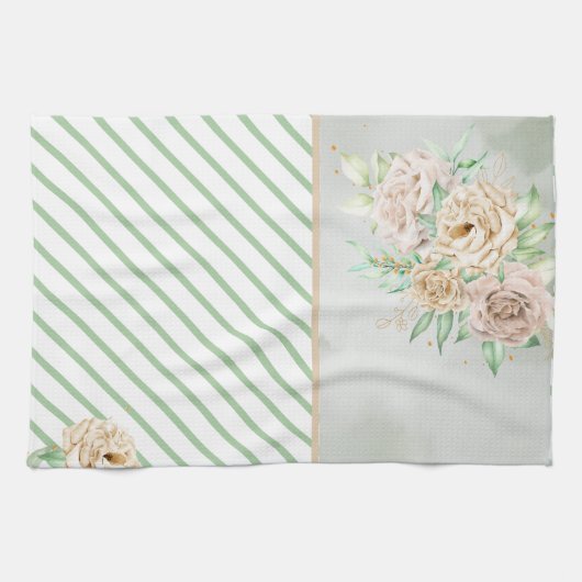アースカラーの花 ボヘミアンスタイル エレガントなサグリーン キッチンタオル (横)