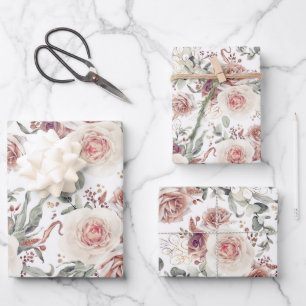 アースカラーの花 botanical 水彩パターン ラッピングペーパーシート