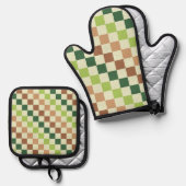 アースカラーの虹の斜め市松模様 鍋つかみ&鍋敷きセット (正面/裏面)