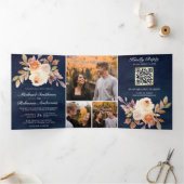 アースカラーの象牙色の花柄とネイビーブルーのQRコードの結婚式デザイン 三つ折り招待状 (内部)