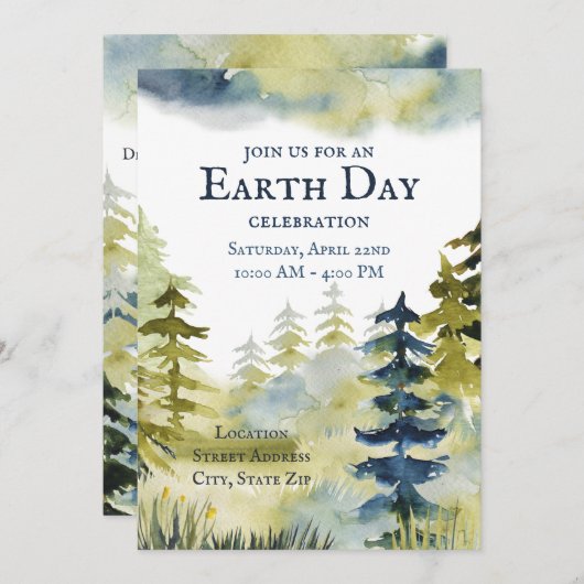 アースデイお祝いツリー植栽の水彩 招待状 (正面/裏面)