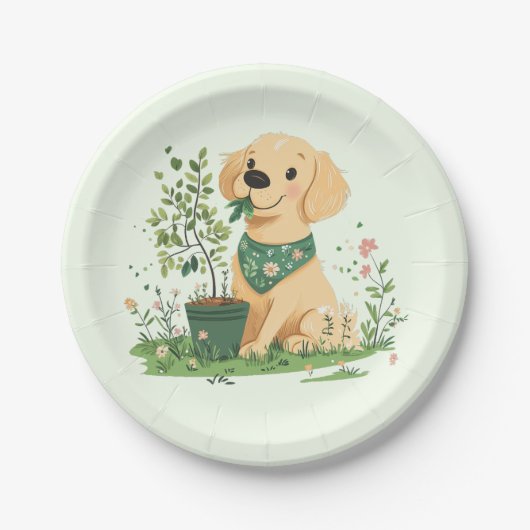 アースデイゴールデンレトリバードッグガーデニング ペーパープレート (正面)
