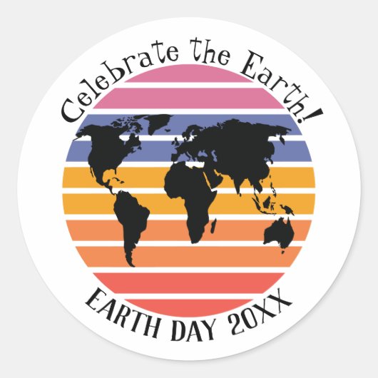 アースデイワールドマップレトロサンセットシルエット ラウンドシール (正面)