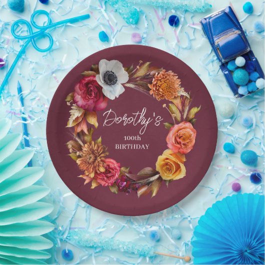 アーストーネバーガンディ秋フラワーズ100誕生日 ペーパープレート (パーティー)