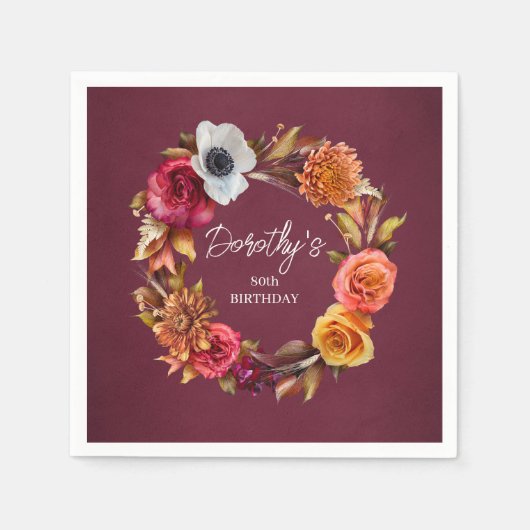 アーストーネバーガンディ秋フラワーズ80誕生日 スタンダードカクテルナプキン (正面)