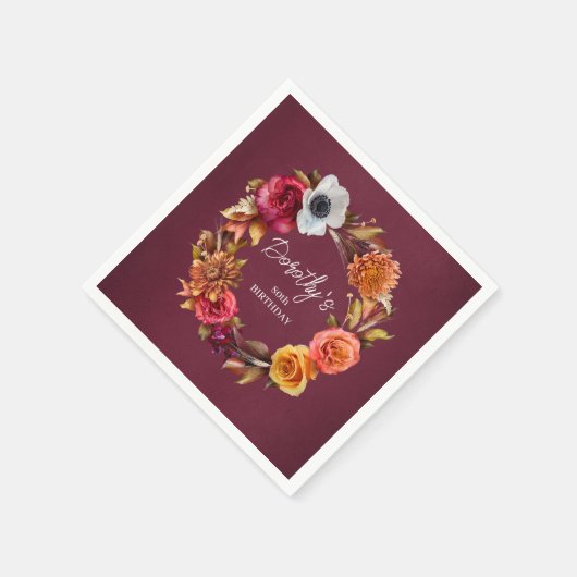 アーストーネバーガンディ秋フラワーズ80誕生日 スタンダードカクテルナプキン (角)