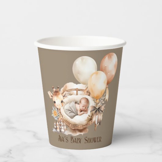 アーストーネ生まれたばかりのキリン風船ベビーシャワー 紙コップ (正面)