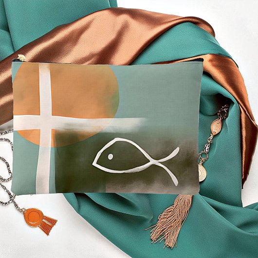 アーストーンのクロスと魚のミニマリスト芸術 アクセサリーポーチ