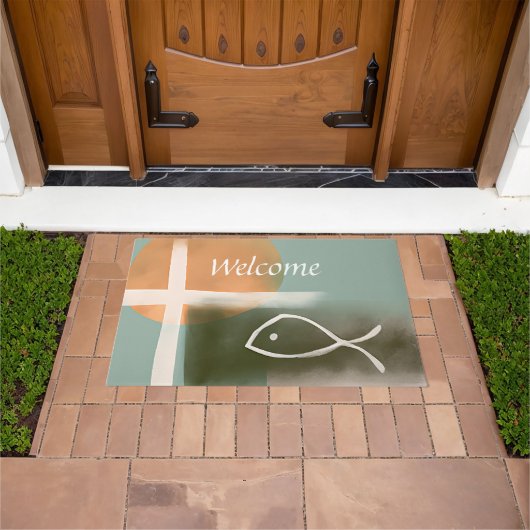 アーストーンのクロスと魚のミニマリスト芸術 ドアマット (室外)