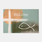 アーストーンのクロスと魚のミニマリスト芸術 ドアマット (正面)