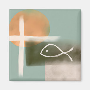 アーストーンのクロスと魚のミニマリスト芸術 マグネット