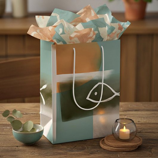 アーストーンのクロスと魚のミニマリスト芸術 ミディアムペーパーバッグ