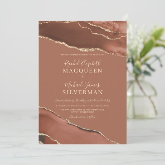 アーストーンテラコッタ金ゴールドアゲートマーブル結婚ズ 招待状 (スタンド正面)