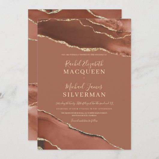 アーストーンテラコッタ金ゴールドアゲートマーブル結婚ズ 招待状 (正面/裏面)