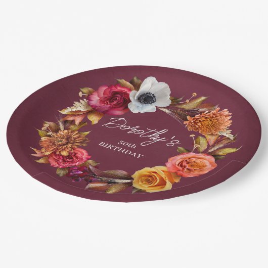 アーストーンバーガンディ秋花50誕生日 ペーパープレート (アングル)
