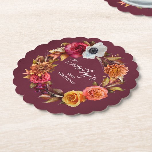 アーストーンバーガンディ秋花90誕生日 ペーパーコースター (アングル)
