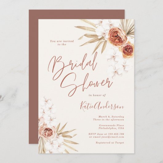 アーストーンパンパスグラスボホブライダルシャワー 招待状 (正面/裏面)