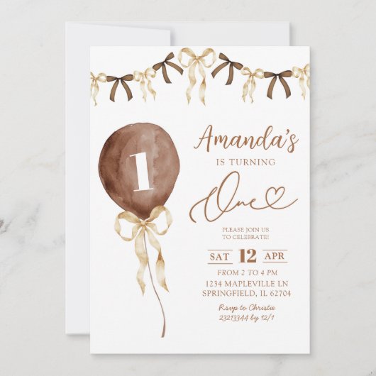 アーストーンボホコケットリボンファースト誕生日 招待状 (正面)