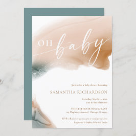 アーストーンモダンティール（緑がかった色）ベージュタンOHベビーシャワー 招待状