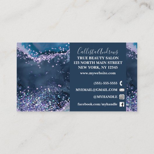 アースブルーエレガントアゲートグリッター大理石ウォーターカラー 名刺 (裏面)