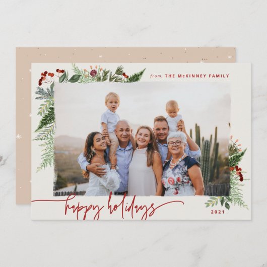 アースボヘミックグリーン バーガンディ ベージュ フォト ホリデー シーズンカード (正面/裏面)