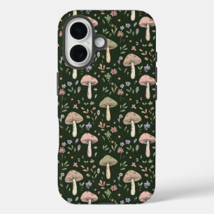 アースリーオリーブグリーンの菌類シームレスパターン・ボヘミアン iPhone 16ケース