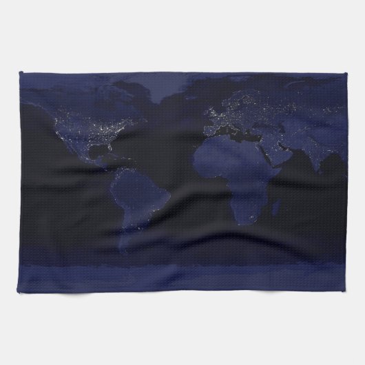 アースワールドマップシティライトアットナイトサテライト キッチンタオル (横)