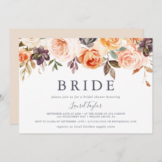 アース素朴フローラ水平ブライドブライダルシャワー 招待状 (正面/裏面)