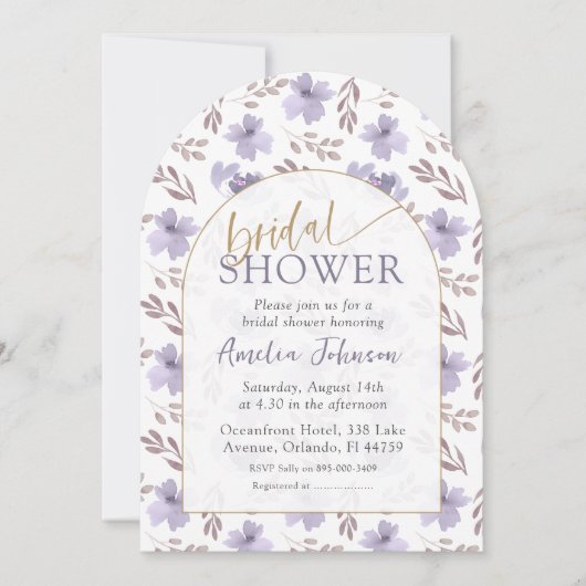 アーチかわいらしパープルフローラブライダルシャワー 招待状 (正面)