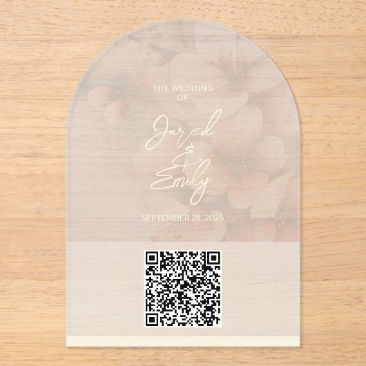 アーチさくらんぼブロッサム結婚式招待状QRコード アクリル招待状 (正面)