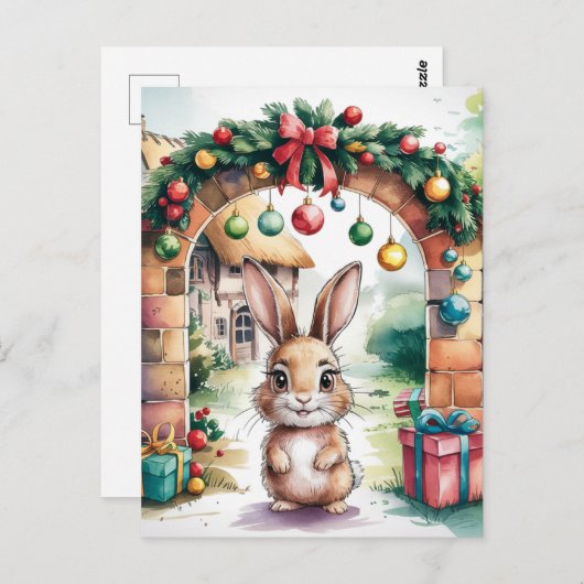 アーチの下にかわいい茶色のクリスマスバニー ポストカード (正面/裏面)