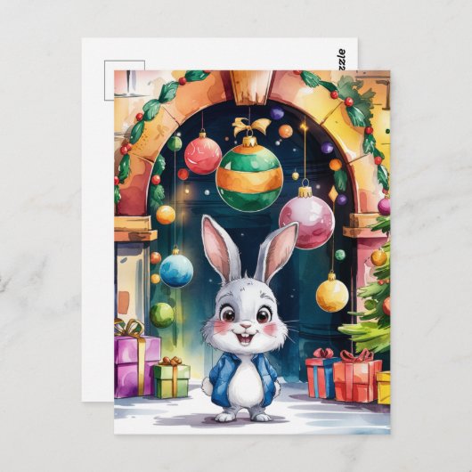 アーチの下のかわいい小さなクリスマスバニー ポストカード (正面/裏面)