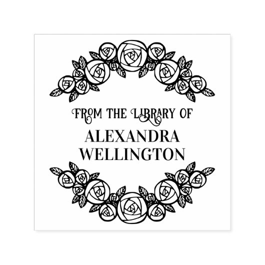 アーチを描くバラが額縁のように囲む丸い図書館の本の名前 セルフインキングスタンプ (デザイン)