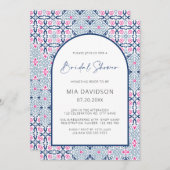アーチアマルフィタイルブルー&ホットピンクブライダルシャワー 招待状 (正面/裏面)