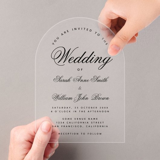 アーチウェディング モダン ミニマリスト 透明 スクリプト アクリル招待状