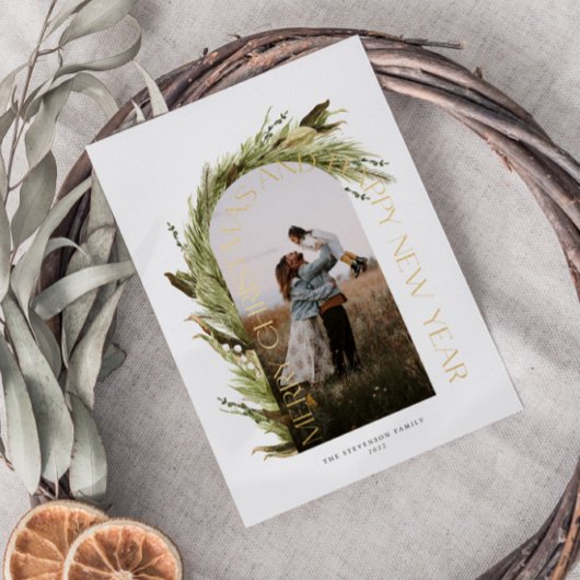 アーチウォーターカラーリースメリークリスマスフォトフォイル 箔シーズンカード