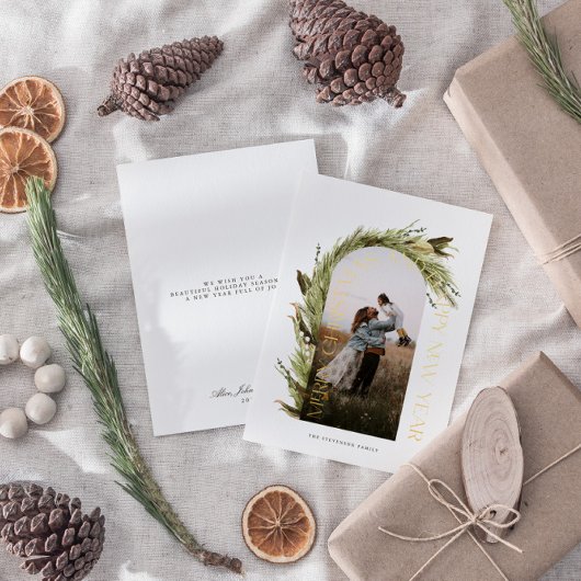 アーチウォーターカラーリースメリークリスマスフォトフォイル 箔シーズンカード