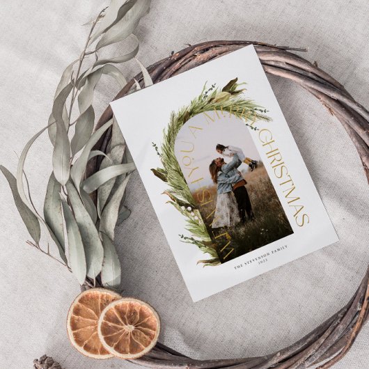 アーチウォーターカラーリースメリークリスマスフォト 箔シーズンカード