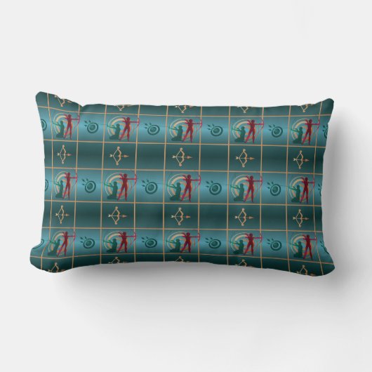 アーチェリーの弓と矢 – 緑のパターン ランバークッション (正面)