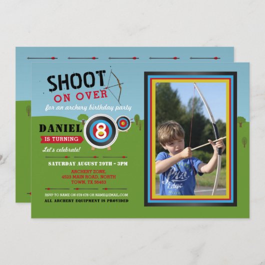 アーチェリーの誕生日の弓矢ターゲット写真の打撃 招待状 (正面/裏面)