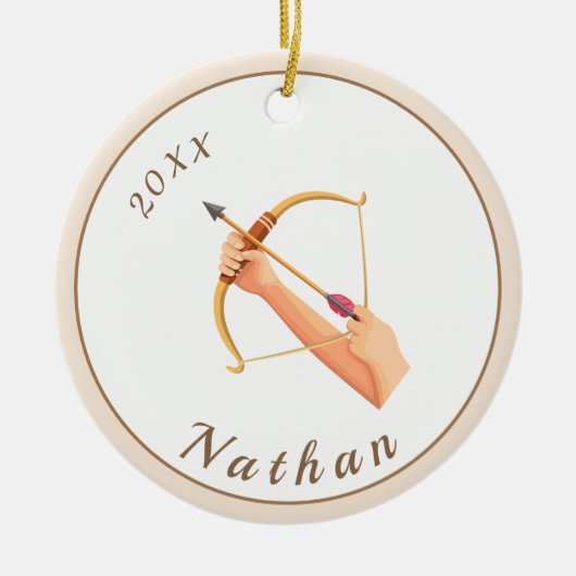 アーチェリーハンズボウ&アローネーム&イヤーパステルクリーム セラミックオーナメント (正面)