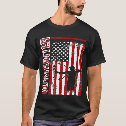 アーチェリーボフンター愛国的アメリカ国旗のアイディア Tシャツ (正面)
